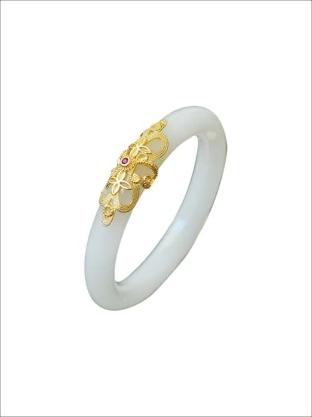 Real White Jade Bangle Bracelet Good Luck Feng Shui Vintage Gold Inlaid Design